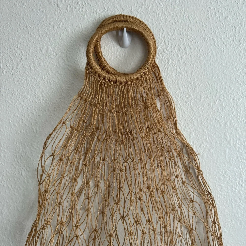Vintage 90s Handmade Woven Straw Crochet Net Jute Farmers Market Large Tote Bag